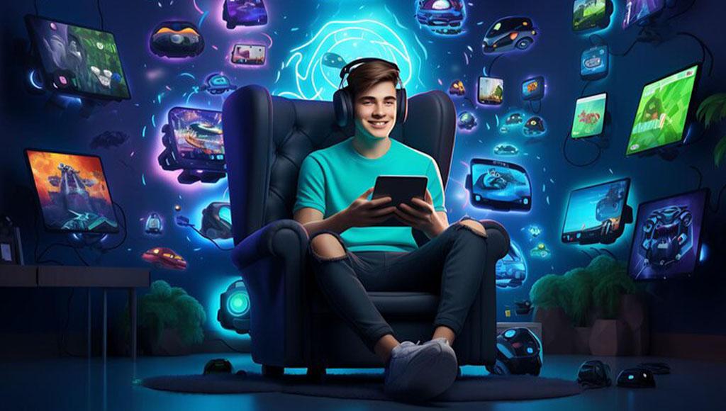 فرد خوشحال در حال بازی با تبلت